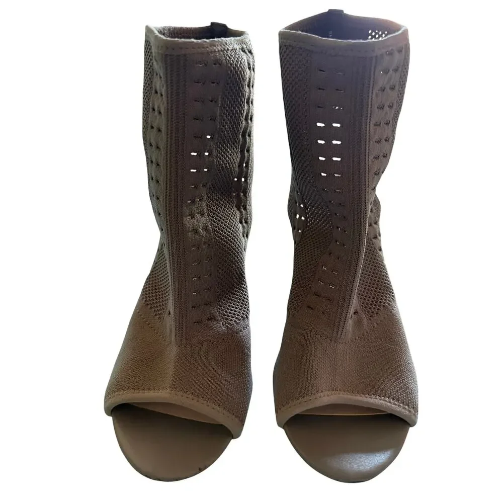 Fergalicious by Fergie Peep Toe Ankle Booties Taupe Stretch Sock Boots Size 9